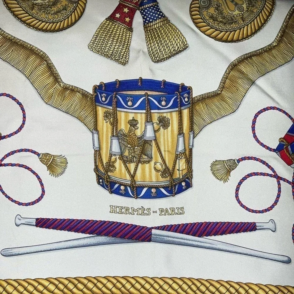 Hermès Les Tambours 100% Silk Scarf. Blue - Picture 7 of 13